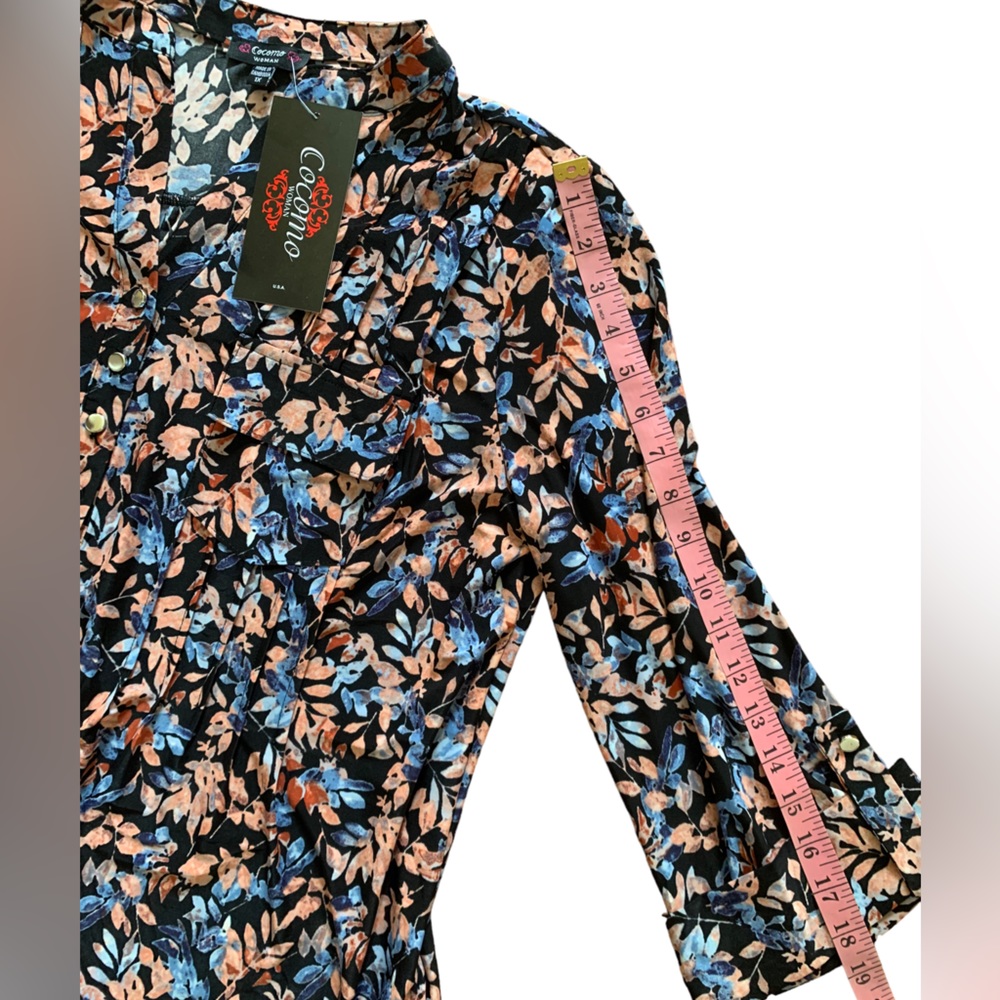 COCOMO 1X Plus Size Blue orange floral 3/4 sleeve women's Pintuck Blouse tunic - Picture 11 of 13